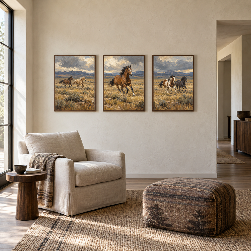 Open Range Rhythm set of 3 Western paintings displayed in a reading room