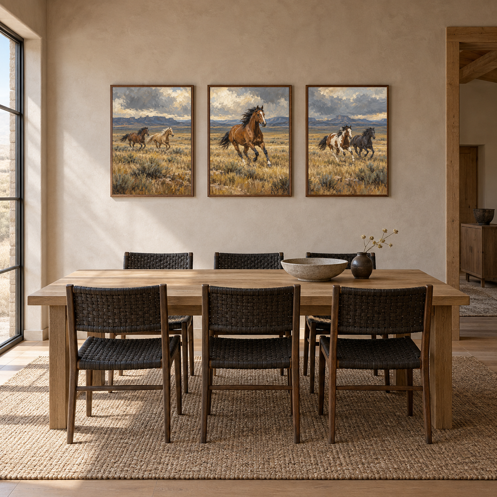 Open Range Rhythm set of 3 Western paintings displayed in a dining room