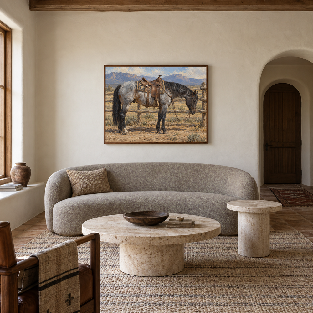 Blue Roan Rest Western oil painting displayed in a living room
