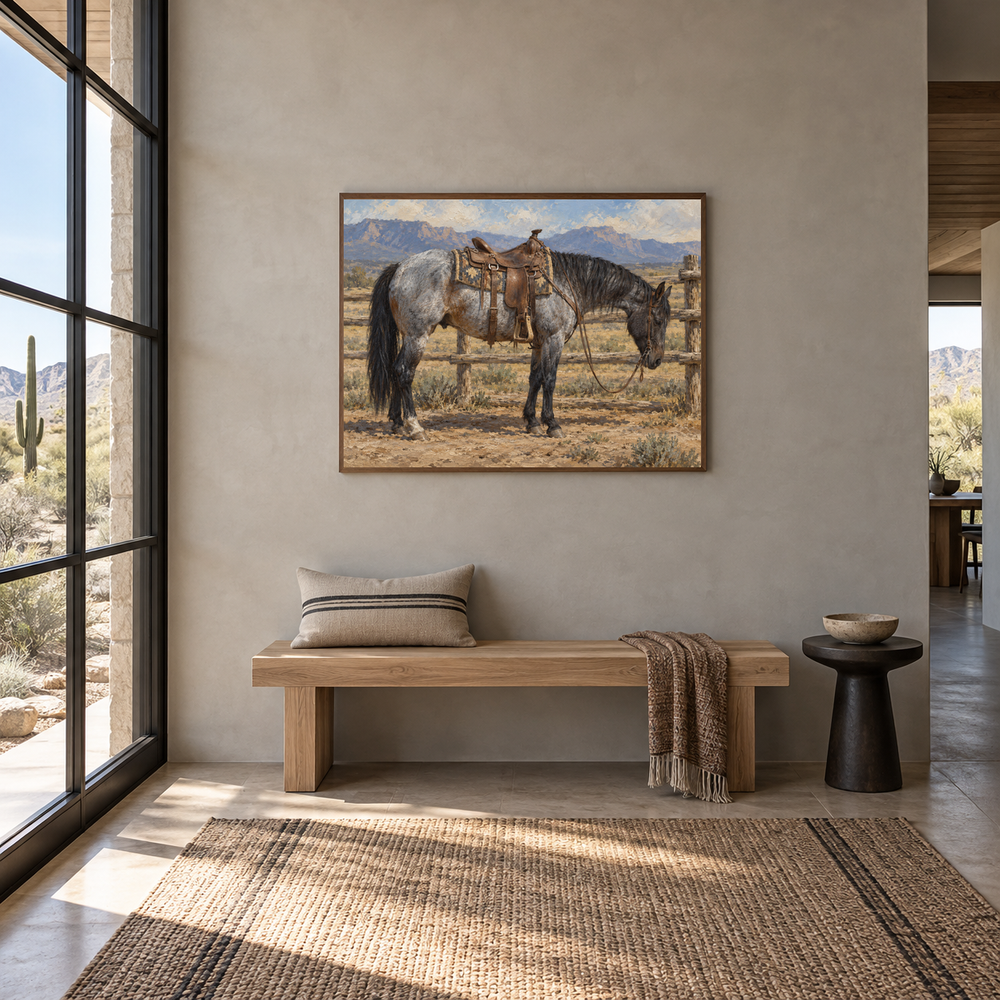Blue Roan Rest Western oil painting displayed in a entryway