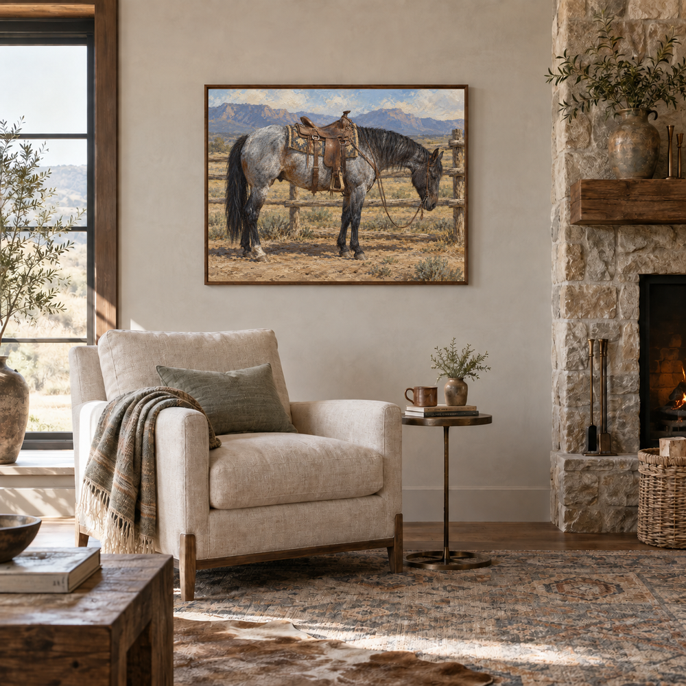 Blue Roan Rest Western oil painting displayed in a reading room