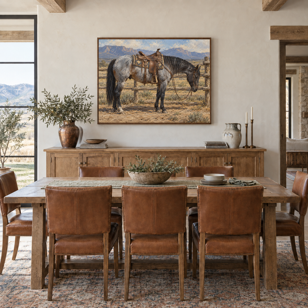 Blue Roan Rest Western oil painting displayed in a dining room