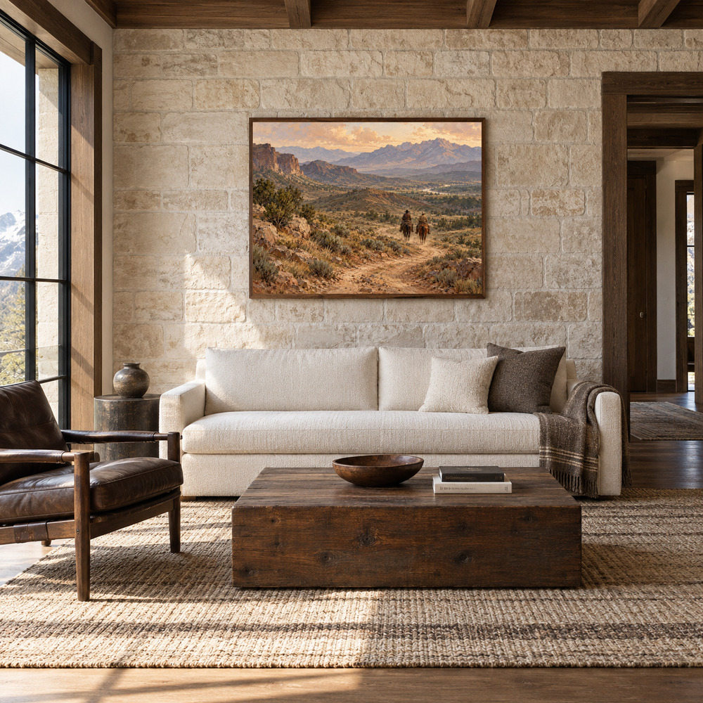 Dust and Distance Western oil painting displayed in a living room