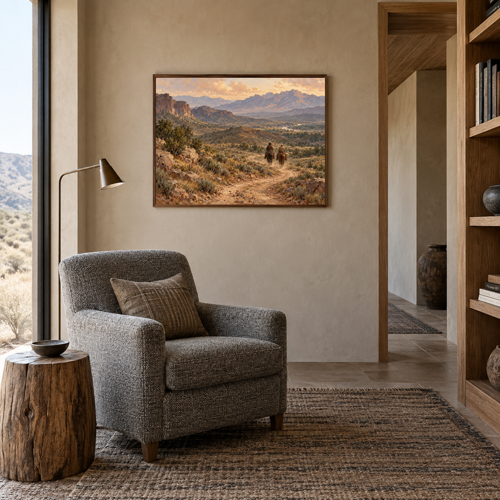 Dust and Distance Western oil painting displayed in a reading room