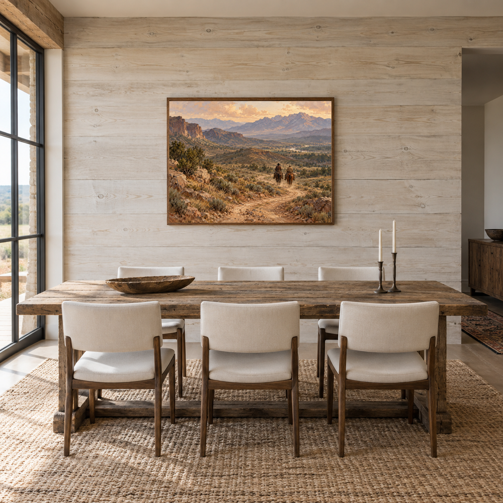 Dust and Distance Western oil painting displayed in a dining room
