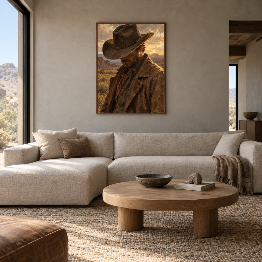 The Quiet Brim Western oil painting displayed in a living room