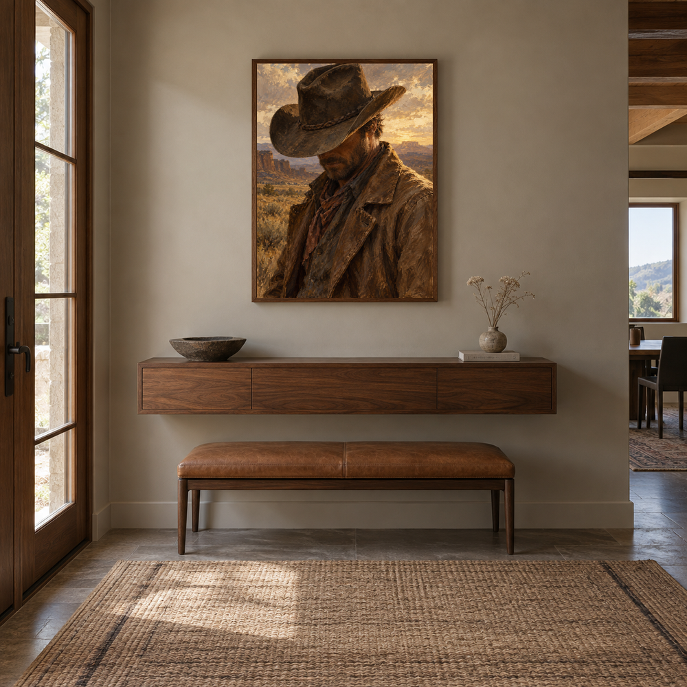 The Quiet Brim Western oil painting displayed in a entryway