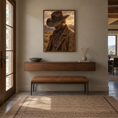 The Quiet Brim Western oil painting displayed in a entryway