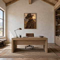 The Quiet Brim Western oil painting displayed in a study