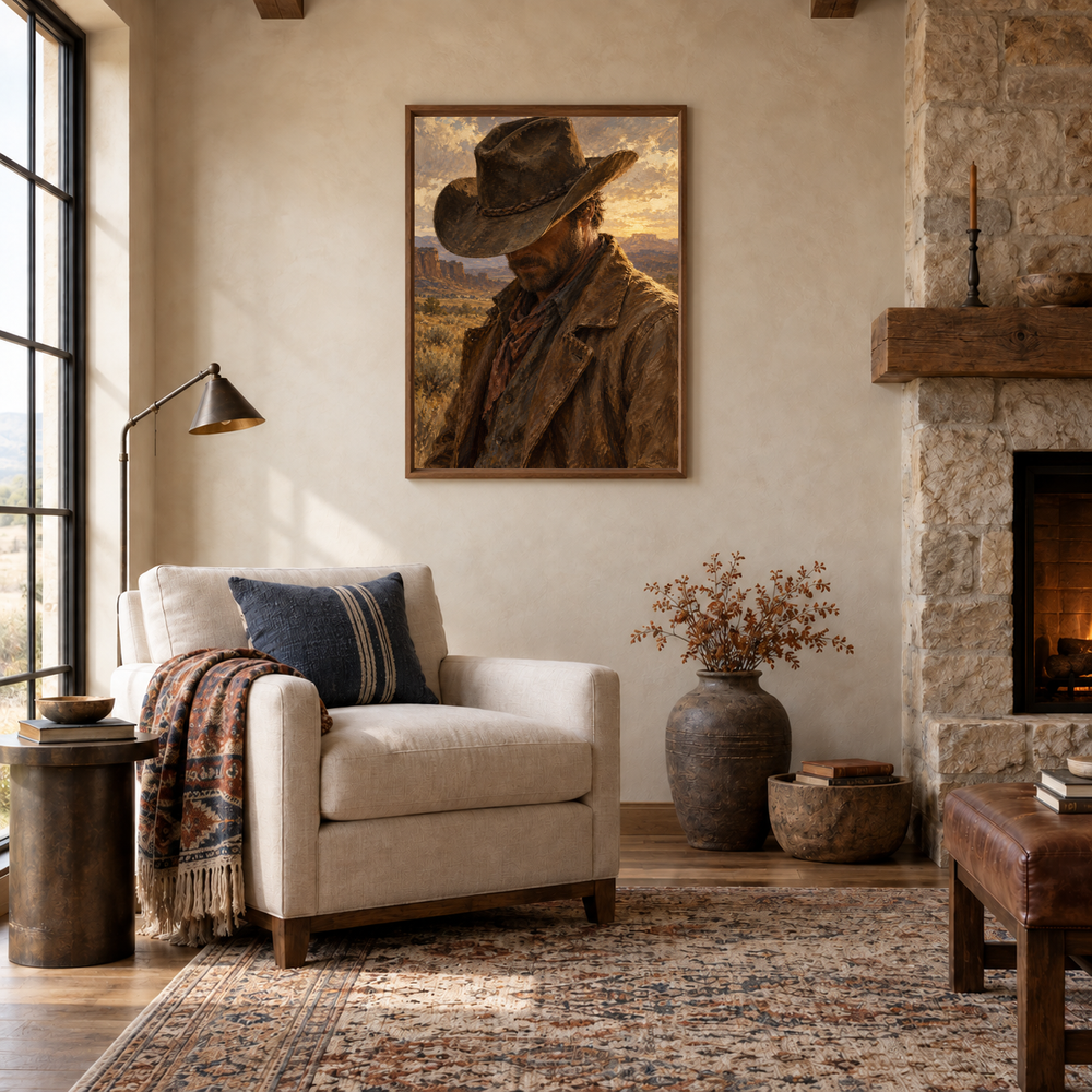 The Quiet Brim Western oil painting displayed in a reading room