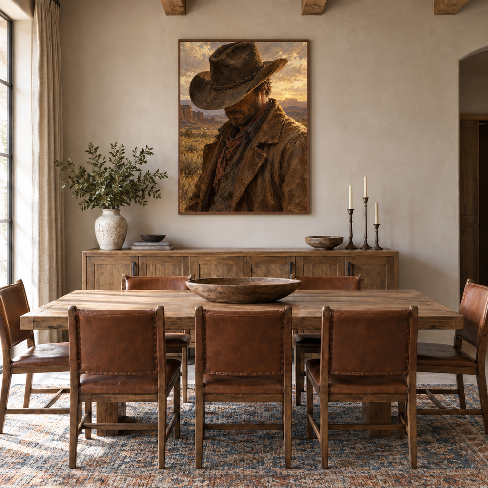 The Quiet Brim Western oil painting displayed in a dining room