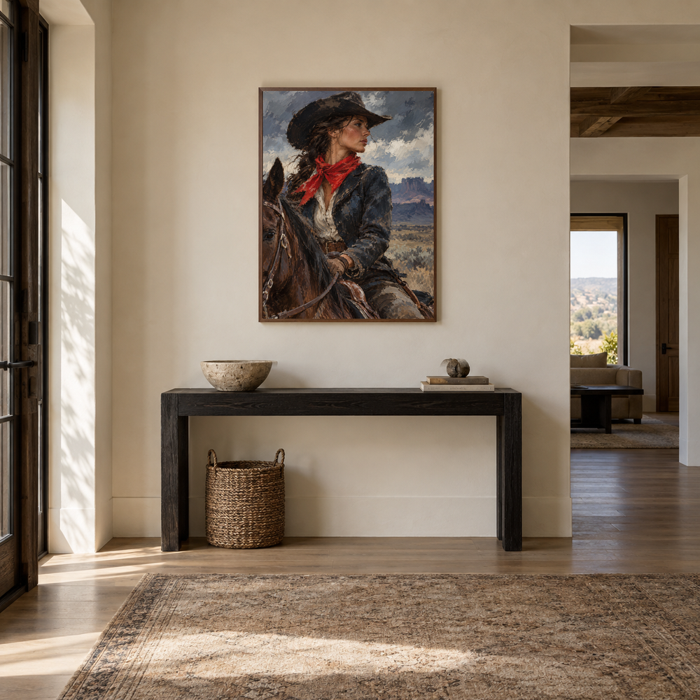 Red Bandana Western oil painting displayed in a entryway