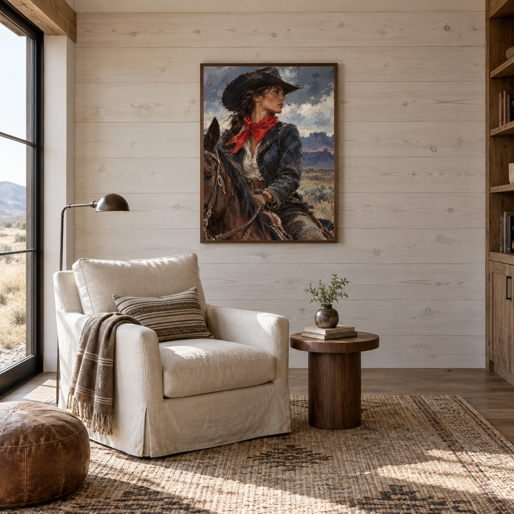 Red Bandana Western oil painting displayed in a reading room