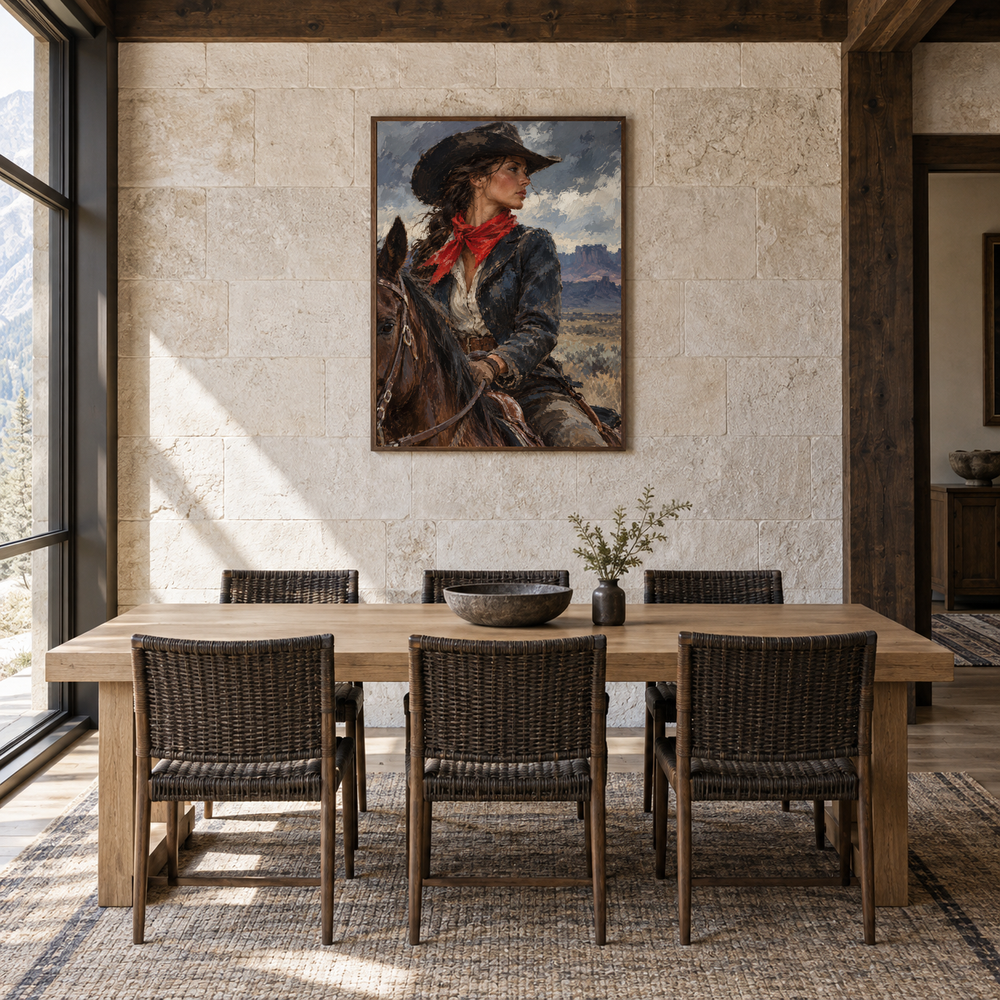Red Bandana Western oil painting displayed in a dining room