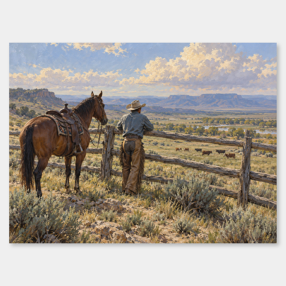 Fence Line Pause Western oil painting
