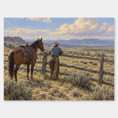Fence Line Pause Western oil painting