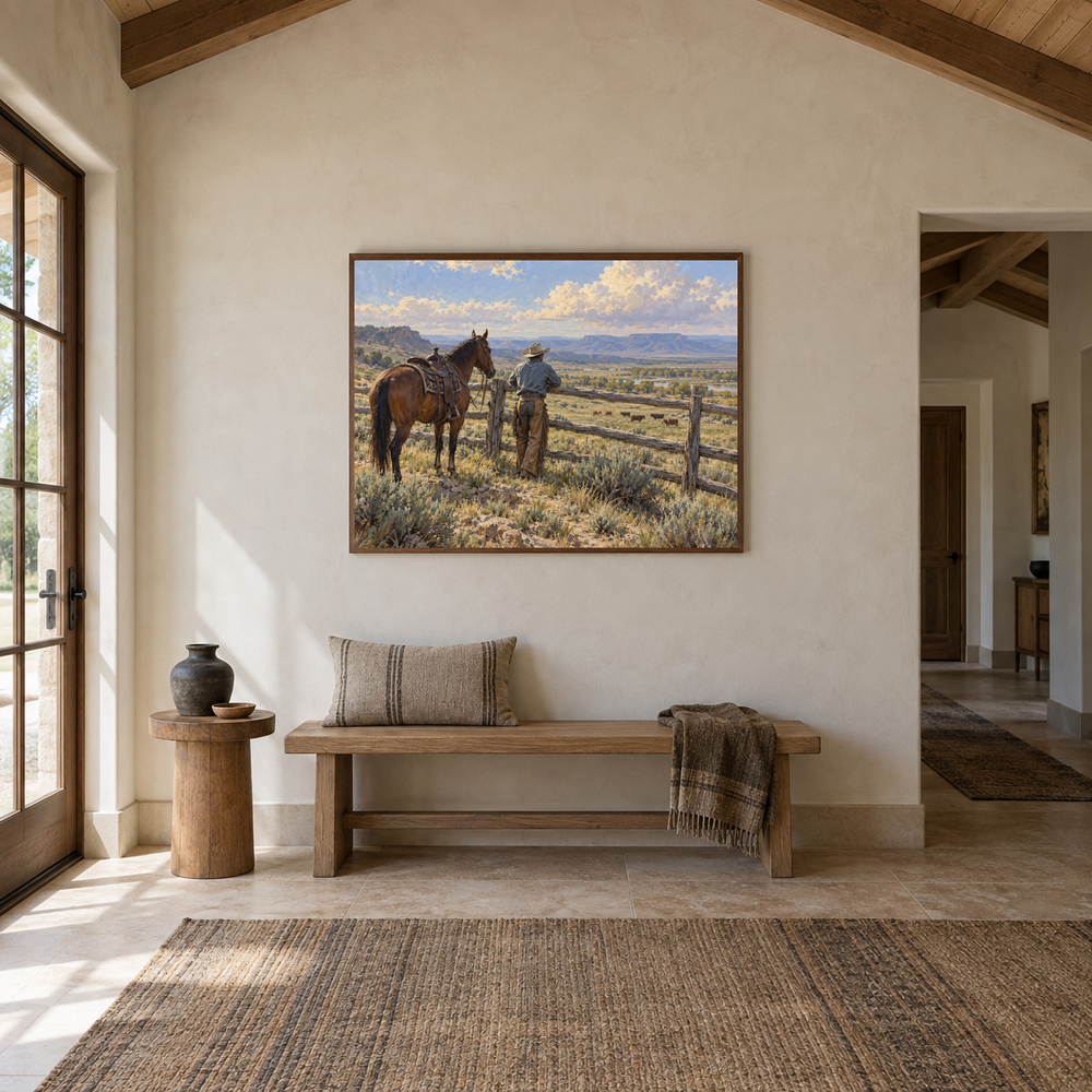 Fence Line Pause Western oil painting displayed in a entryway