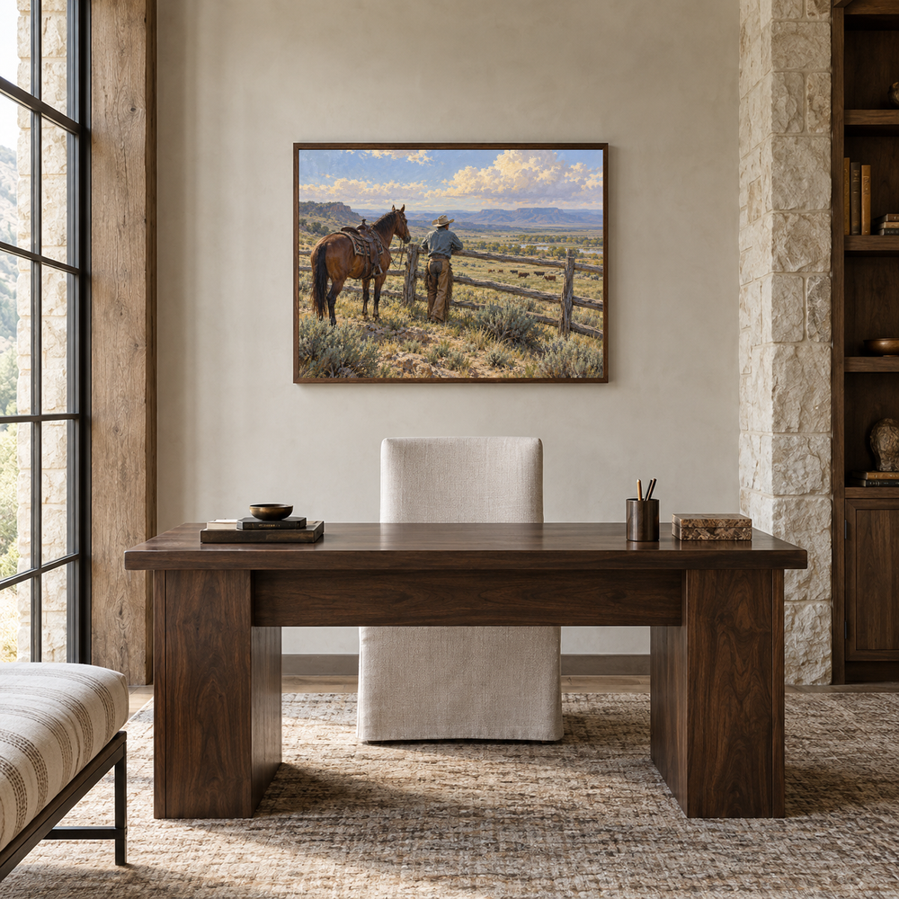 Fence Line Pause Western oil painting displayed in a study