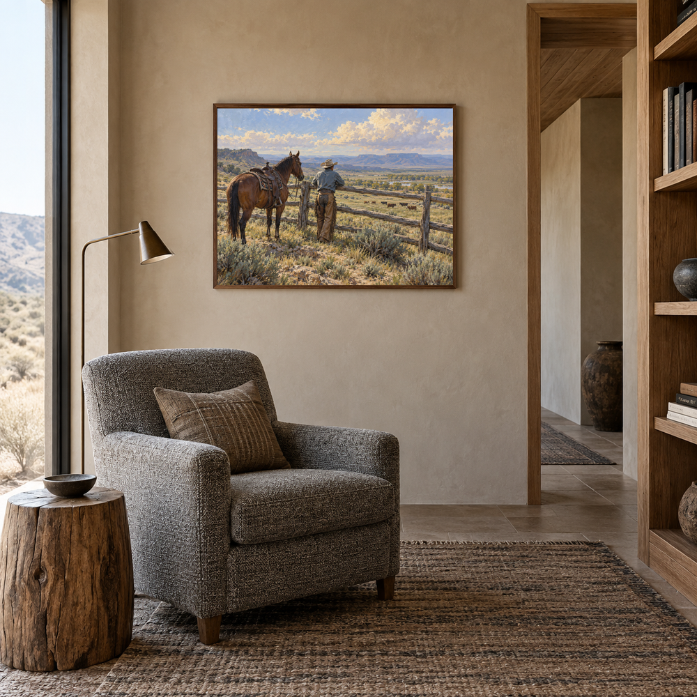 Fence Line Pause Western oil painting displayed in a reading room