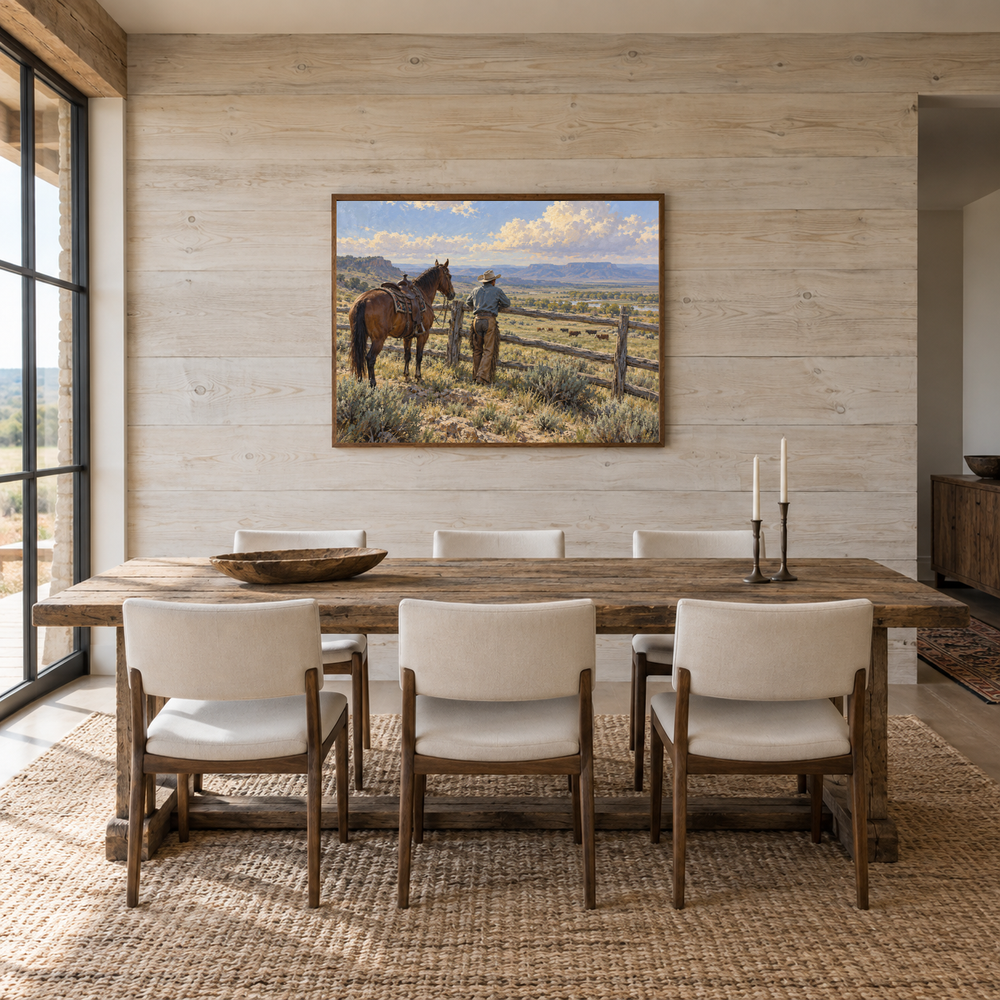 Fence Line Pause Western oil painting displayed in a dining room