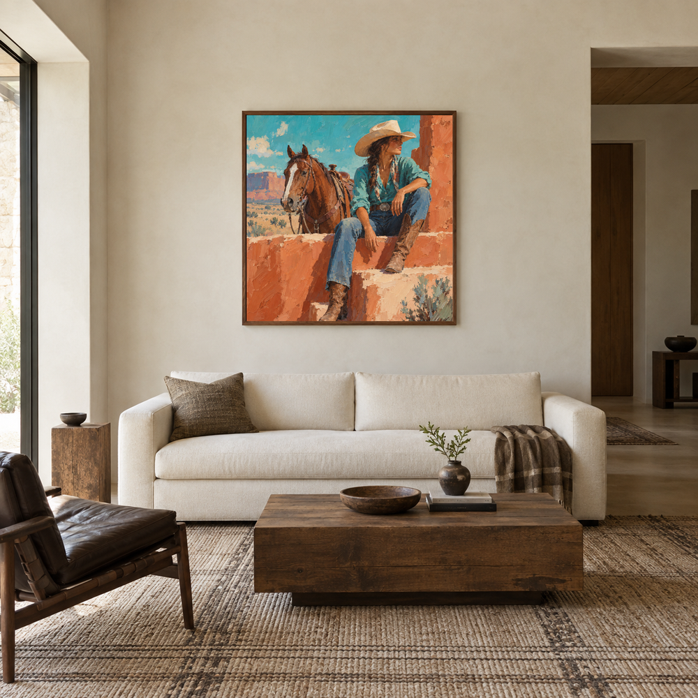 Turquoise Noon Western oil painting displayed in a living room
