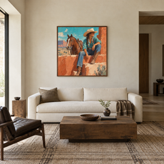 Turquoise Noon Western oil painting displayed in a living room