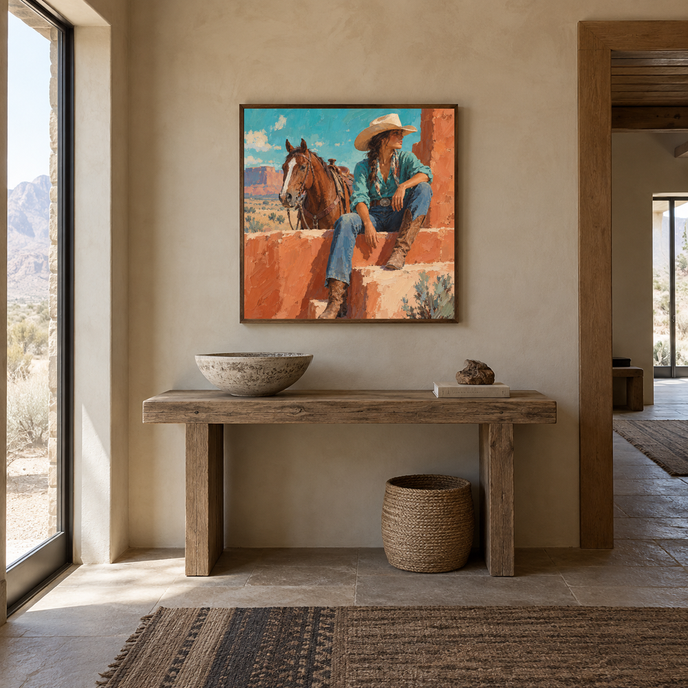Turquoise Noon Western oil painting displayed in a entryway