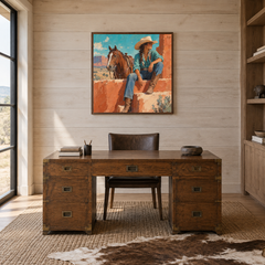 Turquoise Noon Western oil painting displayed in a study