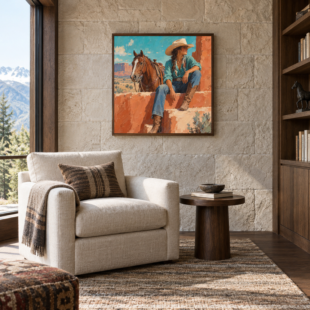 Turquoise Noon Western oil painting displayed in a reading room