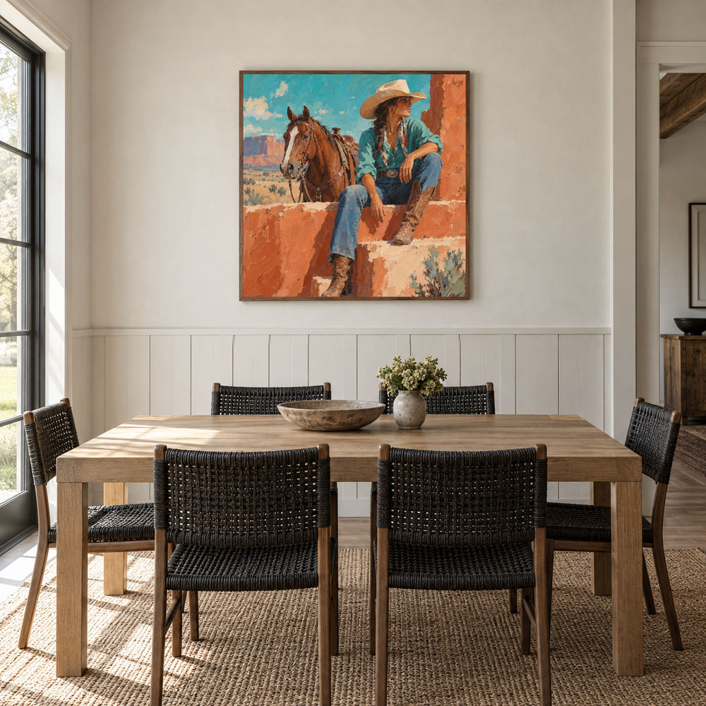 Turquoise Noon Western oil painting displayed in a dining room