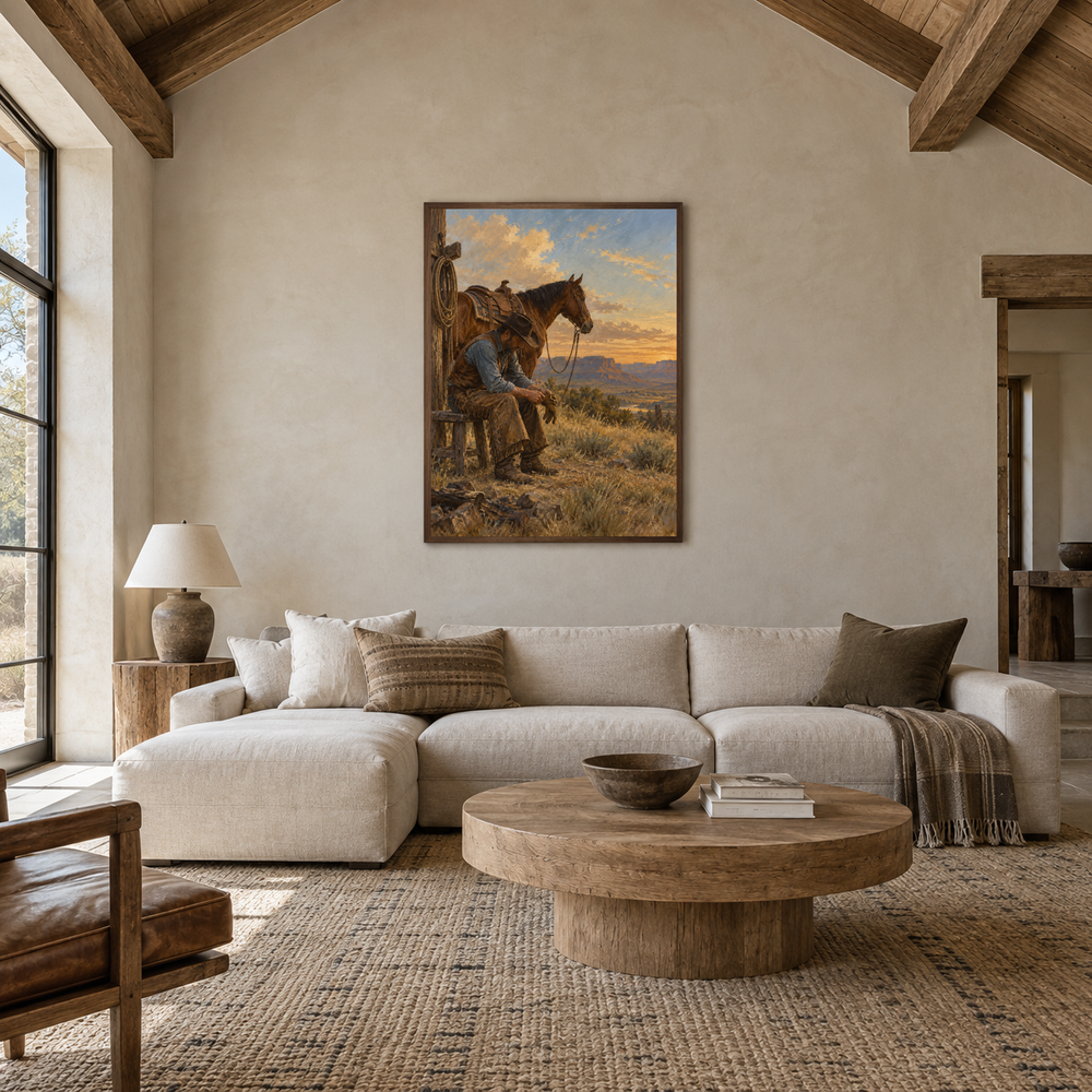 After the Ride Western oil painting displayed in a living room