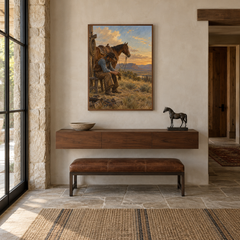 After the Ride Western oil painting displayed in a entryway