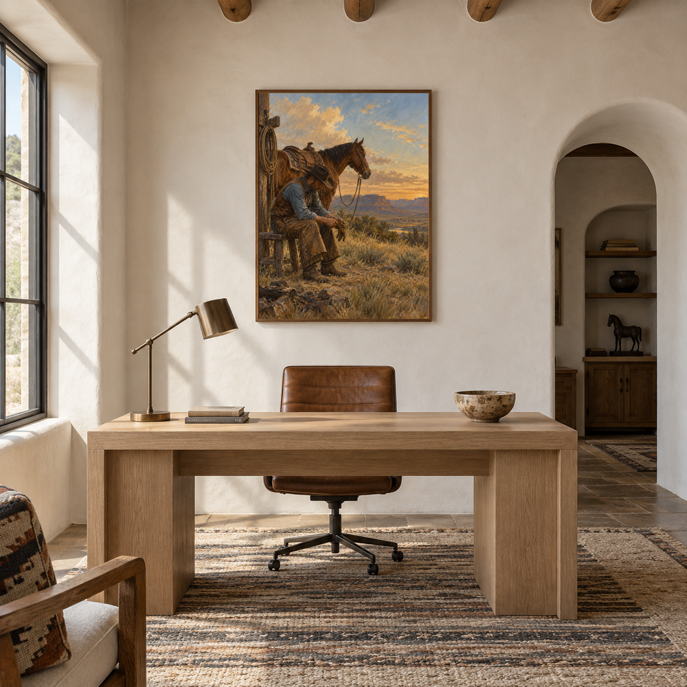 After the Ride Western oil painting displayed in a study