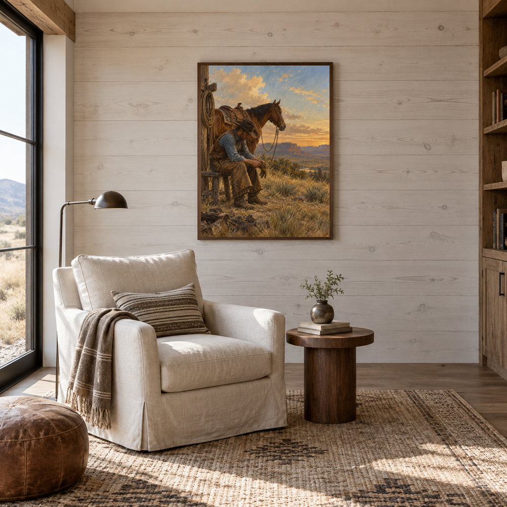 After the Ride Western oil painting displayed in a reading room