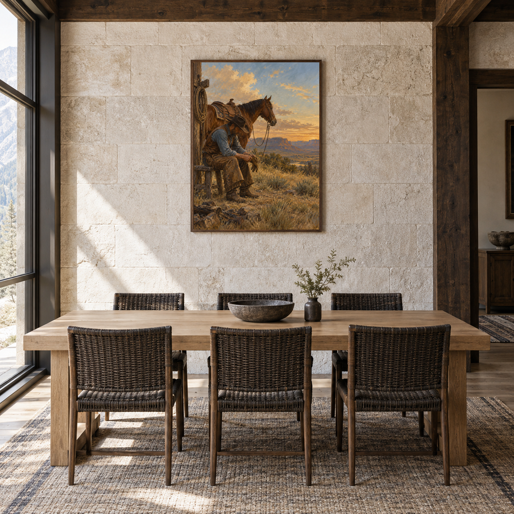 After the Ride Western oil painting displayed in a dining room