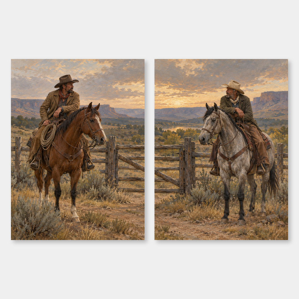 Two at the Gate Western oil painting set of 2