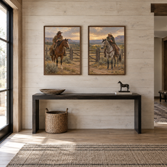 Two at the Gate set of 2 Western paintings displayed in a entryway