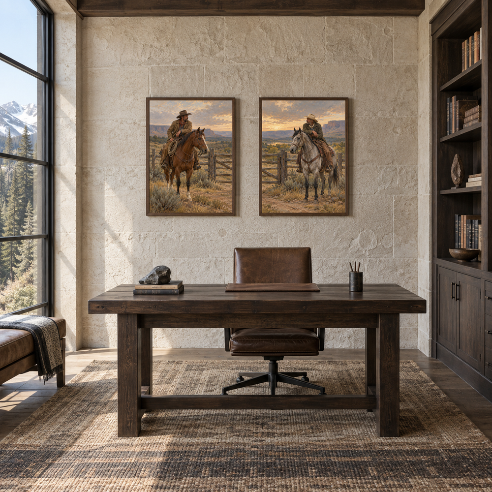 Two at the Gate set of 2 Western paintings displayed in a study