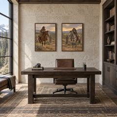 Two at the Gate set of 2 Western paintings displayed in a study