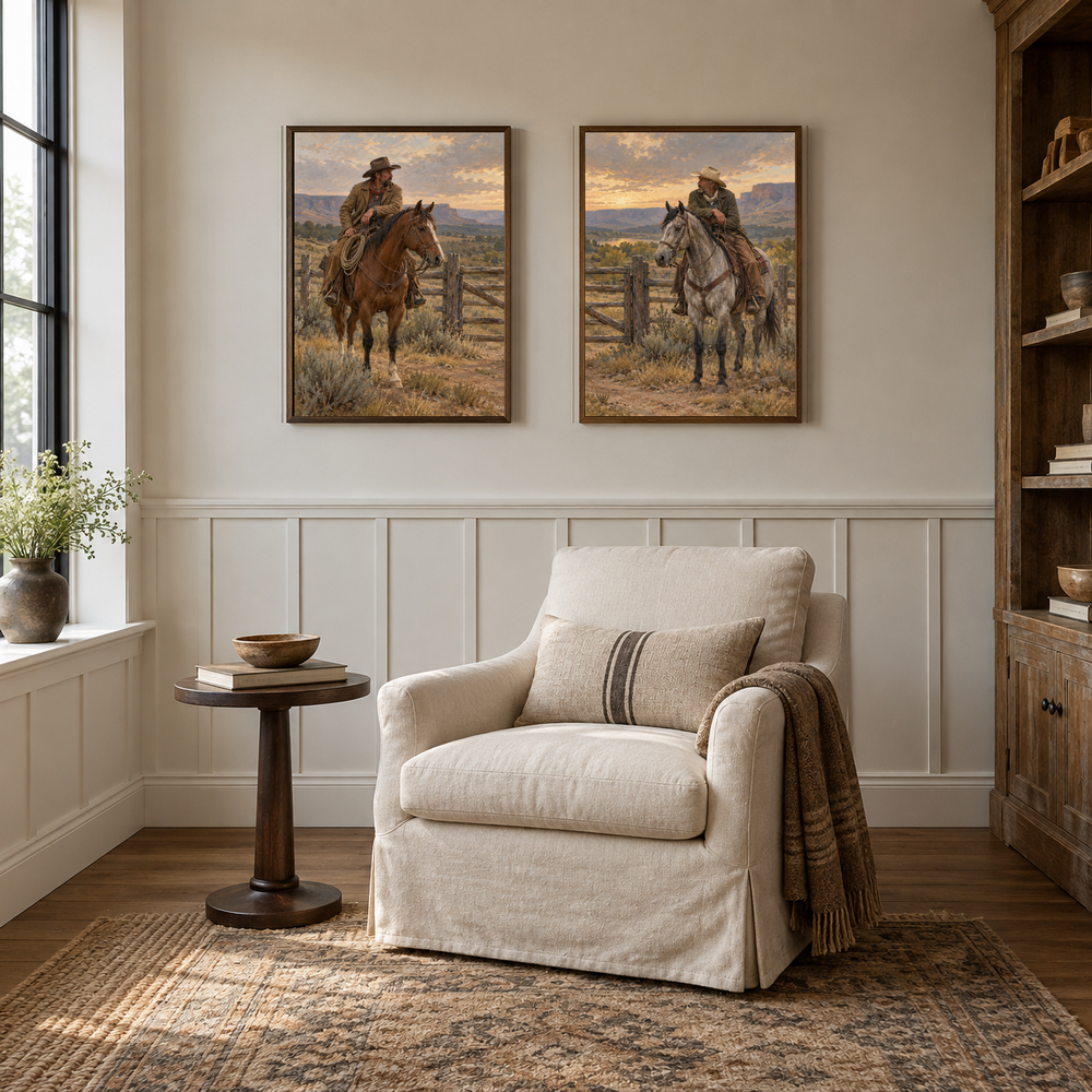 Two at the Gate set of 2 Western paintings displayed in a reading room