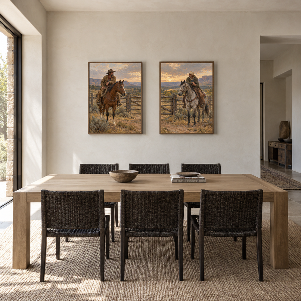 Two at the Gate set of 2 Western paintings displayed in a dining room