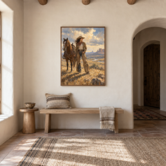 Prairie Resolve Western oil painting displayed in a entryway