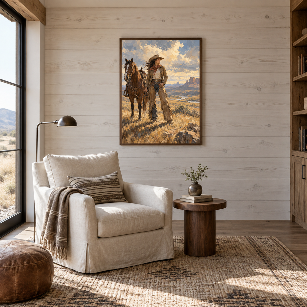 Prairie Resolve Western oil painting displayed in a reading room
