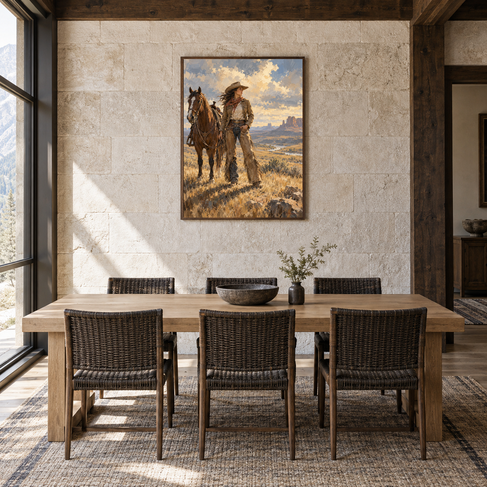 Prairie Resolve Western oil painting displayed in a dining room