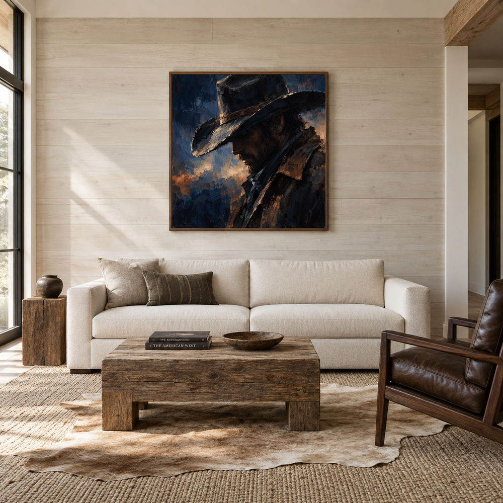 Midnight Hat Western oil painting displayed in a living room