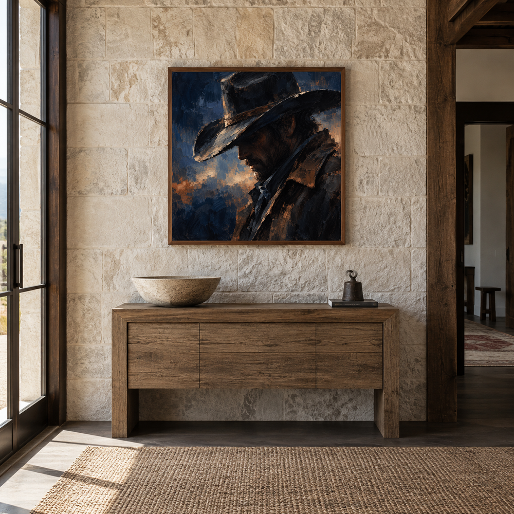 Midnight Hat Western oil painting displayed in a entryway