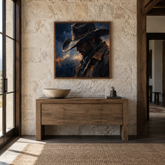 Midnight Hat Western oil painting displayed in a entryway