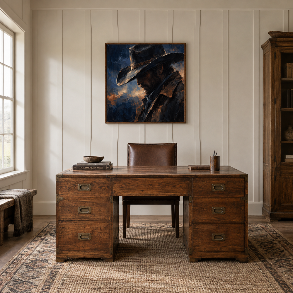 Midnight Hat Western oil painting displayed in a study