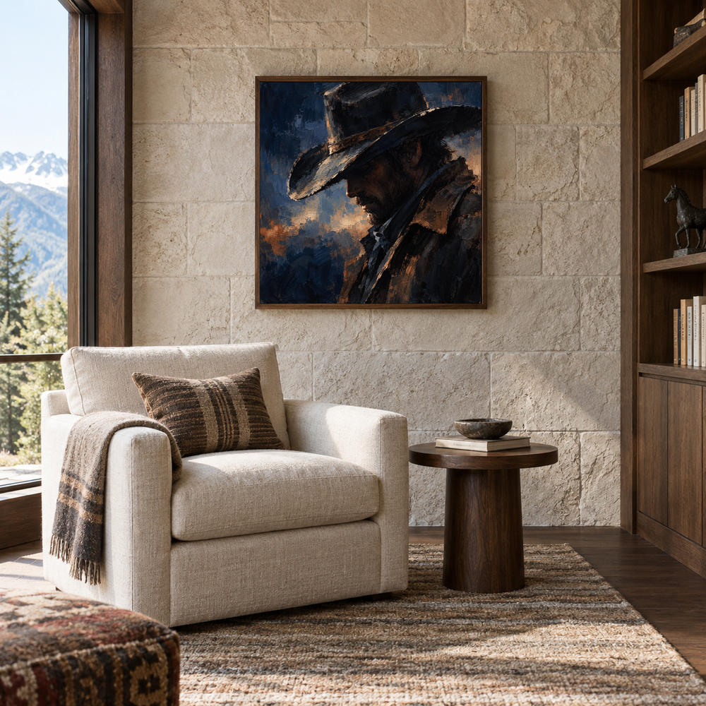 Midnight Hat Western oil painting displayed in a reading room
