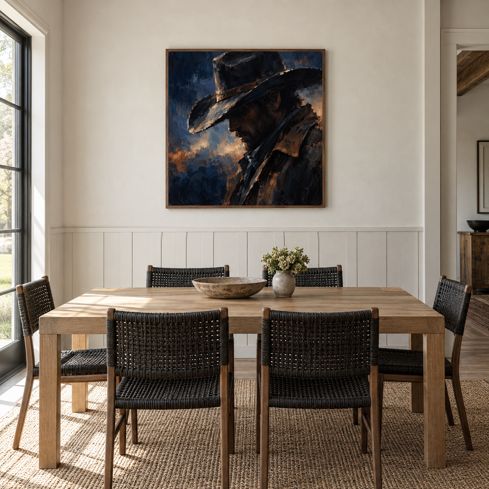 Midnight Hat Western oil painting displayed in a dining room